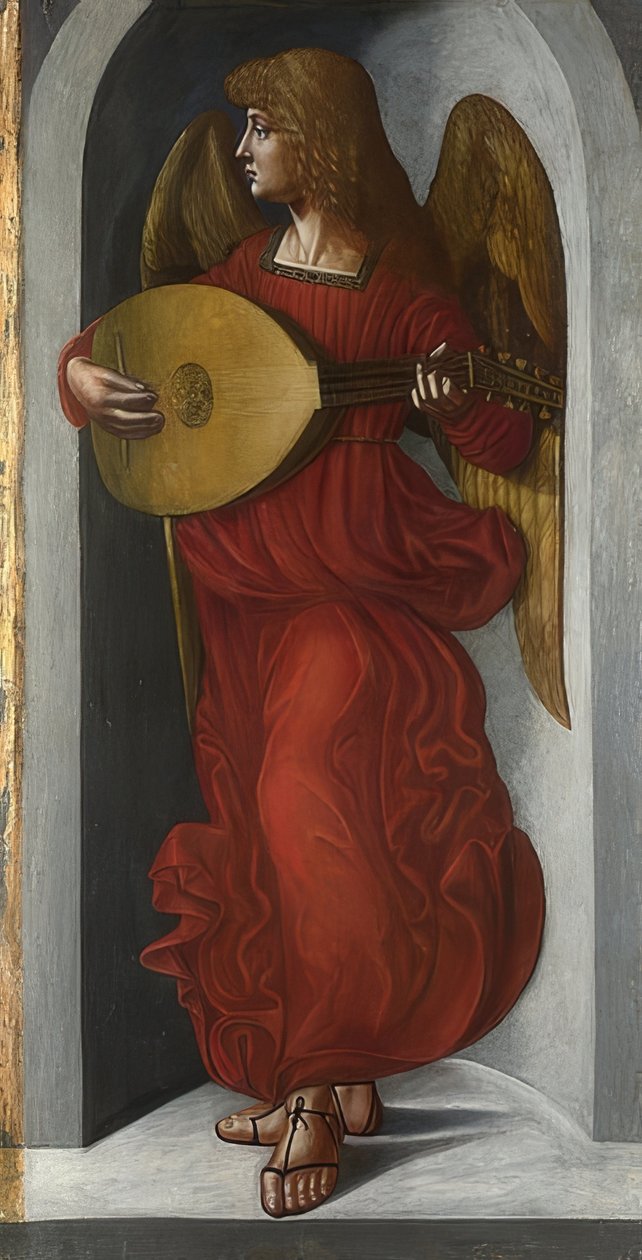 Anděl v červeném s loutnou (křídla oltáře San Francesco, Milán). Kolem let 1495-99 od Ambrogio de Predis