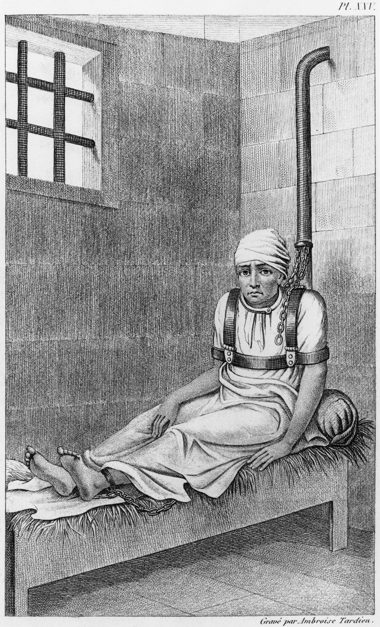 Spoutaný šílenec v Bedlamu, ilustrace z knihy Etienna Esquirola (1772-1840) "Des Maladies Mentales considerees sous le rapport medical, hygienique et medico-legal", deska XXV, 1838 (čb fotografie). od Ambroise Tardieu