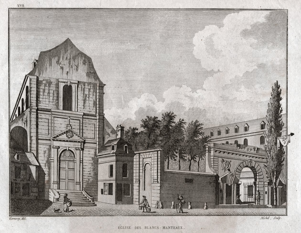Kostel Blancs Manteaux ve čtvrti Marais v Paříži. cca 1780 (rytina) od Ambroise Louis Garneray