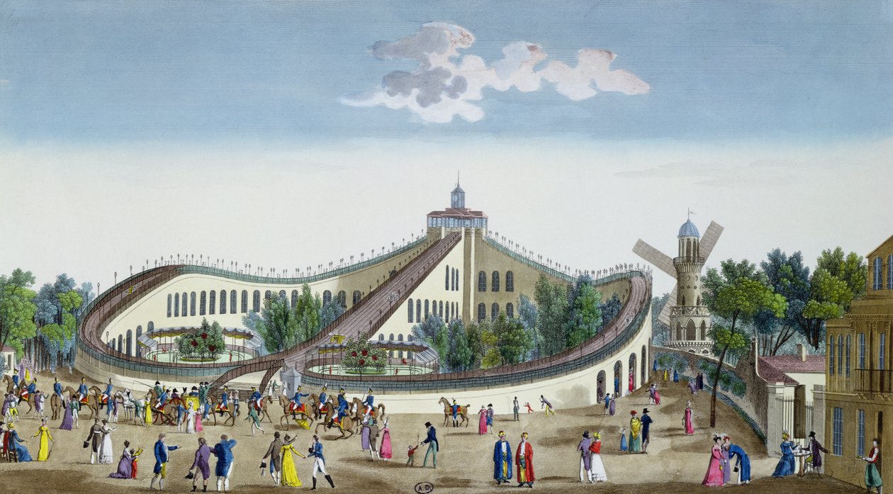 Promenades Aeriennes, Jardin Baujon, poctěn přítomností Jejího Veličenstva, 2. srpna 1817, kolem roku 1817 (barevná rytina) od Ambroise Louis Garneray
