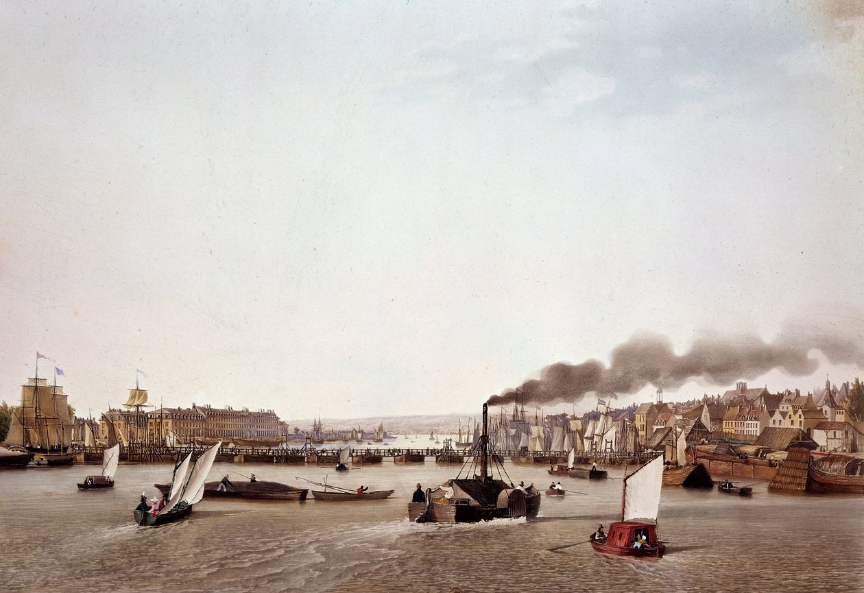 Pohled na říční dopravu na Seině do Rouenu. Akvarel od Ambroise Louis Garneray (1783-1857) Paříž 19. století, B.N. od Ambroise Louis Garneray