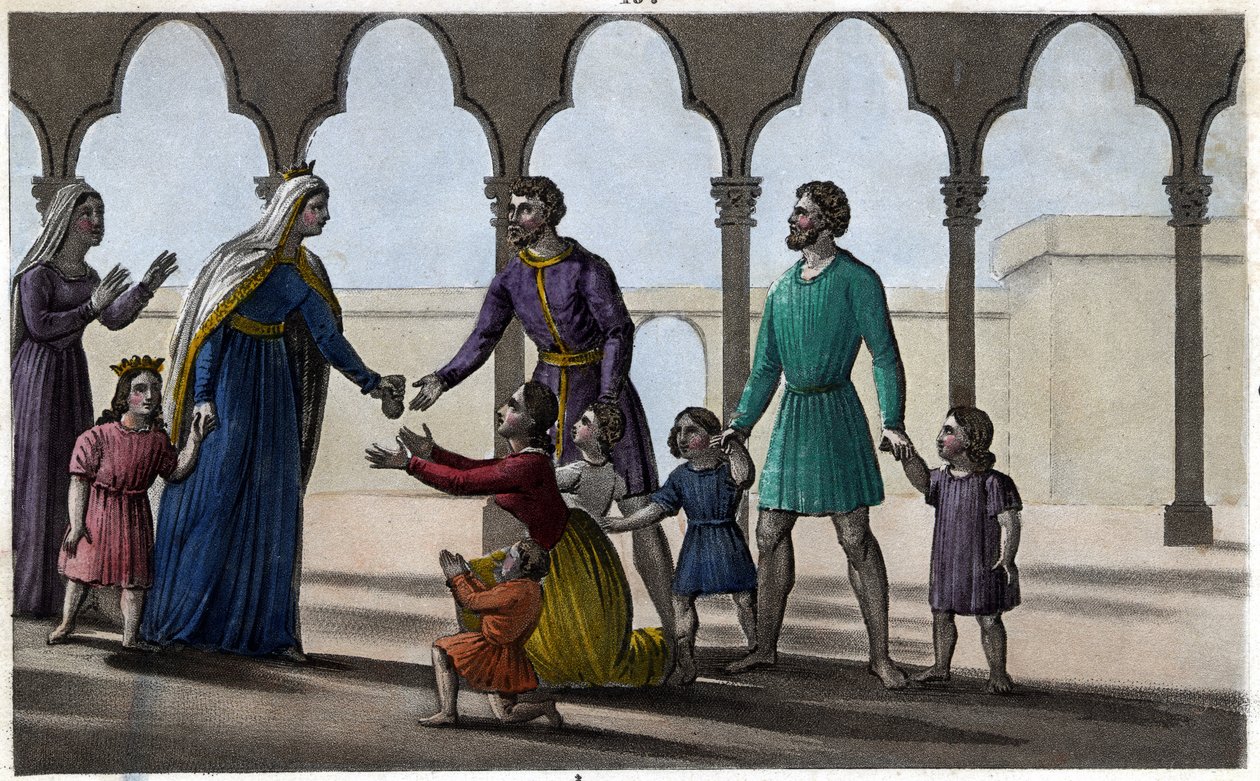 Batilde (nebo Bathilde, manželka Clovise II.) ruší drahý tribut, který Galové platili za hlavu, malé i velké. - Chelles Abbey. Navrhl a vyryl Ambroise Tardieu v roce 1825. od Ambroise Tardieu