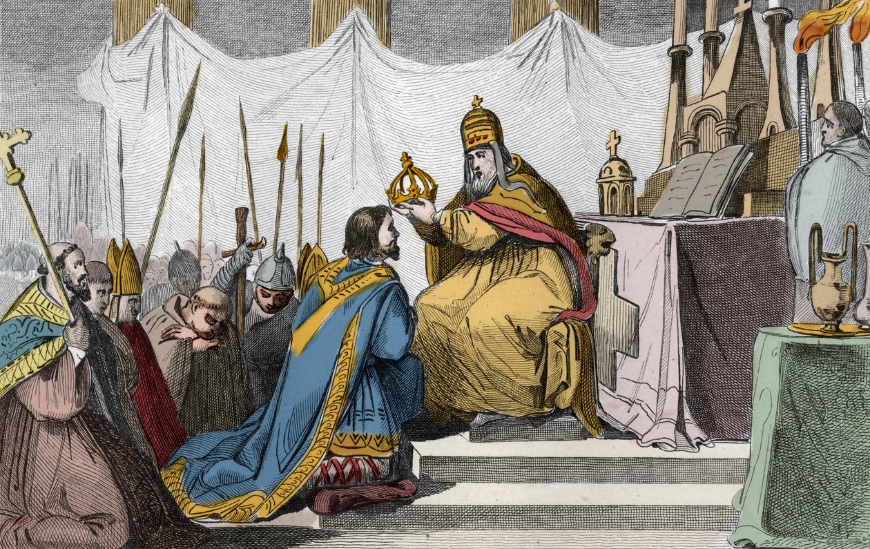 Karel Veliký (742-814) korunován papežem Lvem III. (c750-816) v bazilice svatého Petra v Římě dne 25. prosince 800 - Sacre (korunovace) Karla Velikého (742-814) en 800 papežem Leonem III. - Rytina z roku 1825 v „ Histoire de France reprezentované synoptick od Ambroise Tardieu