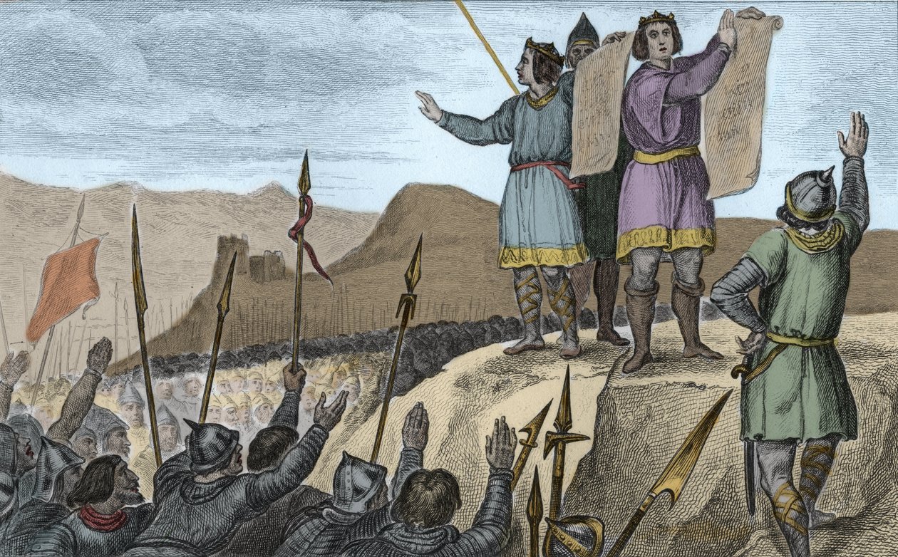 Karel II. (823-77) Plešatý a jeho bratr Ludvík Němec uzavřeli smlouvu ve Štrasburku v roce 842 - Štrasburské přísahy vyslovené Karlem II. , 14. února 842 - Rytina od Ambroise Tardieu