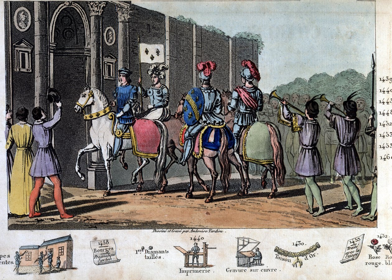 Karel VII říká „Vítězný“ (1403-1461). Angličané obléhali Orléans, ale Johanka z Arku zvedla obležení, osvobodila Orléans a vedla krále do Remeše v roce 1429. - Navrhl a vyryl Ambroise Tardieu v roce 1825. od Ambroise Tardieu