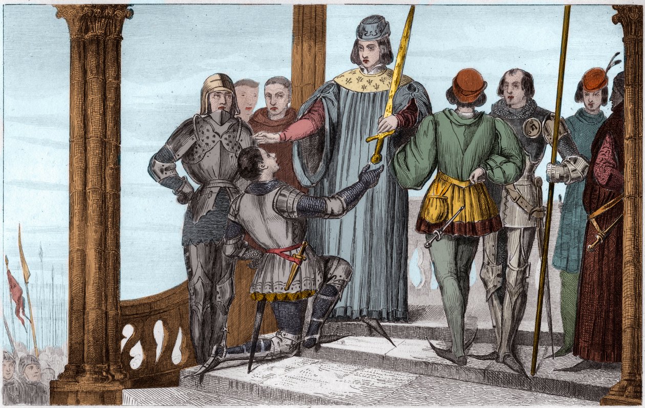Karel V. (1358-80) Moudrý předává svůj meč Duguesdinovi - Charles V Le sage (1338-1380) slavnostně předává meč spojitelného Bertranda du Guesclin (1320-1380) - Rytina 1825 v „Histoire de France reprezentované synoptickými malbami dediee k od Ambroise Tardieu