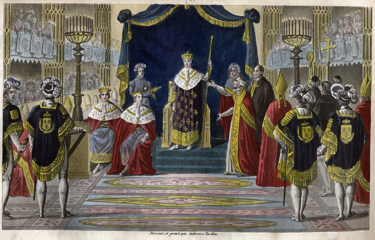 Karel X. (1757-1836) byl korunován králem v Remeši 6. května od Ambroise Tardieu