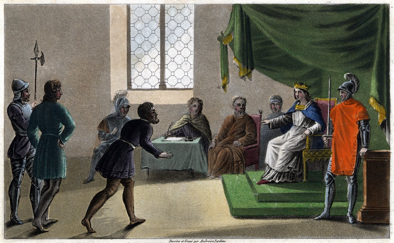 Childebert II. spravedlivý vykonávající spravedlnost svým poddaným (711). Navrhl a vyryl Ambroise Tardieu v roce 1825. od Ambroise Tardieu