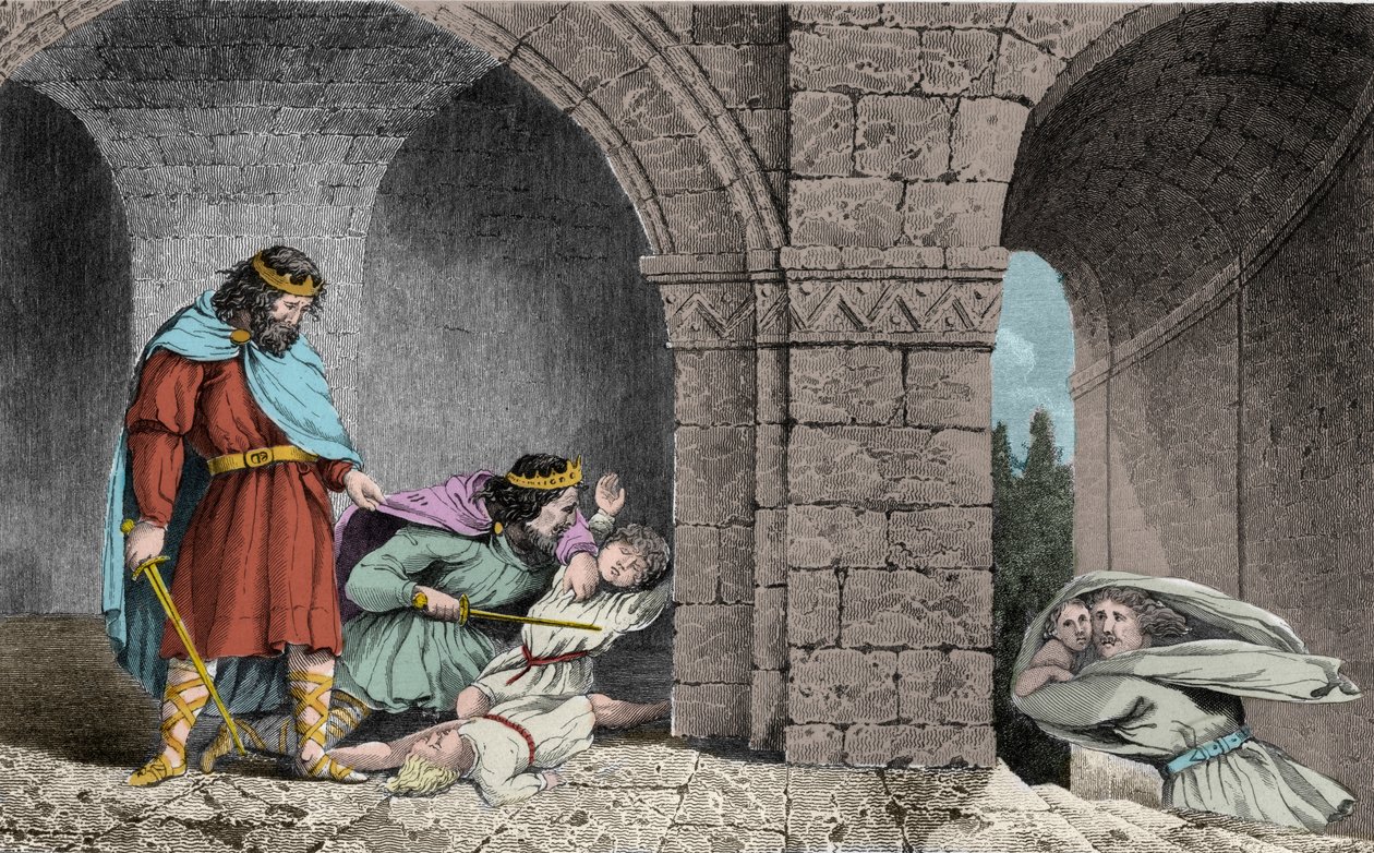 Childebert I. (c498-558) při vraždě dědiců svých bratří - Childebert I. nechal Clotaire (Clothaire) povraždit děti jejich bratra Clodomira, krále Orleans, jehož státy sdílejí - Rytina z roku 1825 v „Histoire de France zastoupená synopti od Ambroise Tardieu