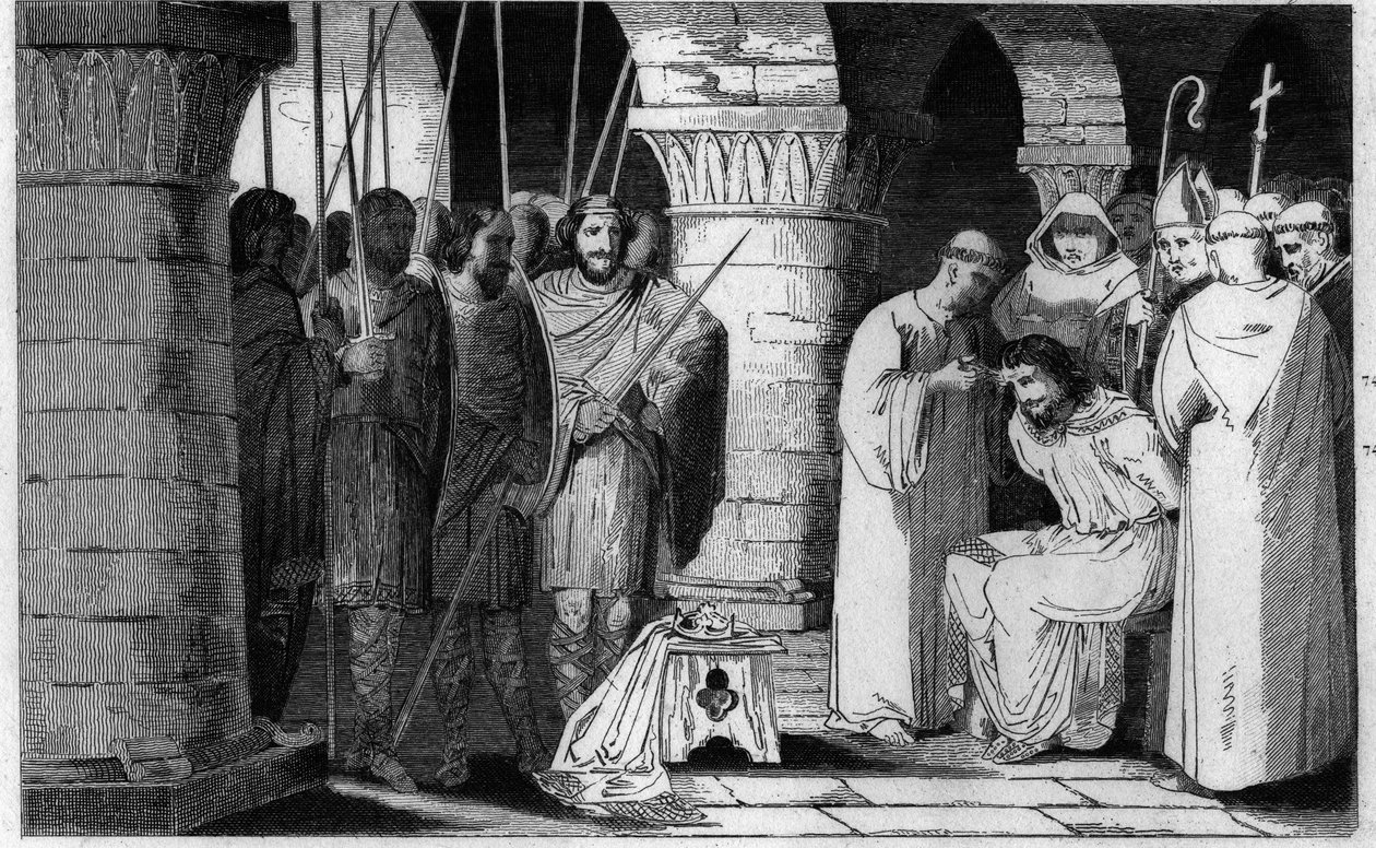 Childeric III (714-751) je sesazen z trůnu a uvězněn v klášteře - Childeric III detrone a uzavřený Pepinem le Britem v klášteře v Saint Omer mezi 742-749 - Rytina z roku 1825 v „Histoire de France reprezentovaná synoptickými malbami dediee k C od Ambroise Tardieu