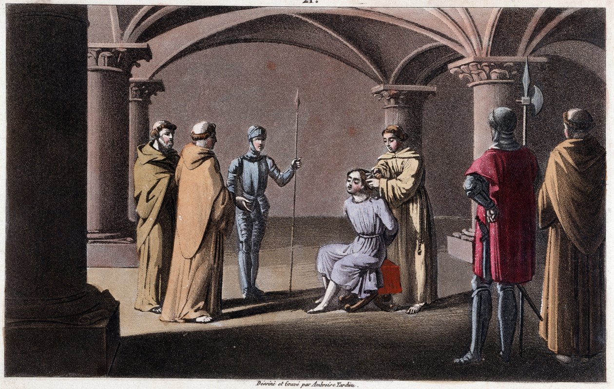 Childeric III detrone a uzavře od Pepina le Briefa v klášteře v Saint Omer mezi 742 a 749. Kresby a hrob Ambroise Tardieu v roce 1825. od Ambroise Tardieu