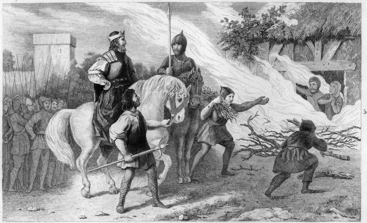 Chlothar I. (497-561) upálil svého vzpurného syna a rodinu, 560 - Clotaire (Clothaire) I (497-561), král franků, upálil roku 560 svého syna Chramneho (Chram, Chramn) a jeho manželku, kteří se vzbouřili proti něm - Rytina 1825 v „Histoire de France zastoupe od Ambroise Tardieu