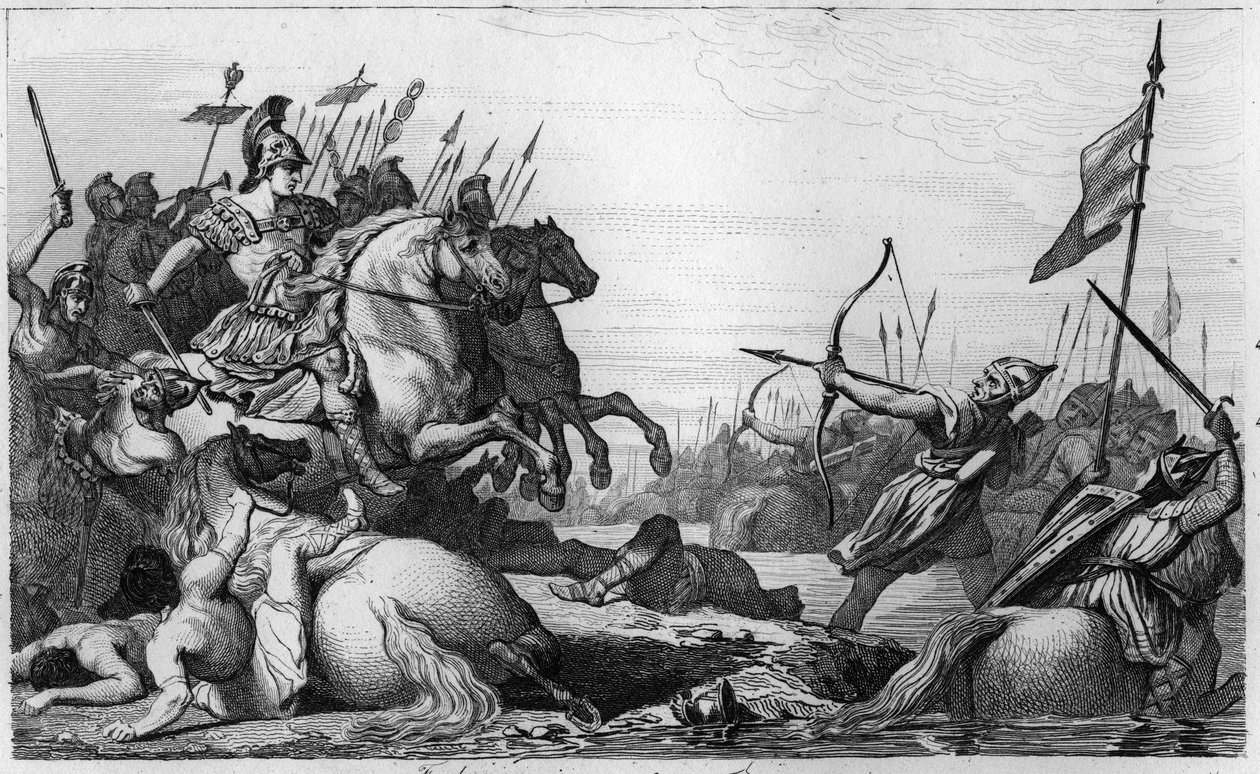Clodion, Chlupatý (c428-47) ustupuje přes most po jeho porážce Aetiem - Clodion dit „“Le Chevelu““ (asi 428-asi 448), předek Merovejců, vůdce salianských franků - Clodion je poražen Aetiem, generálem Valentiniena III., který od Ambroise Tardieu