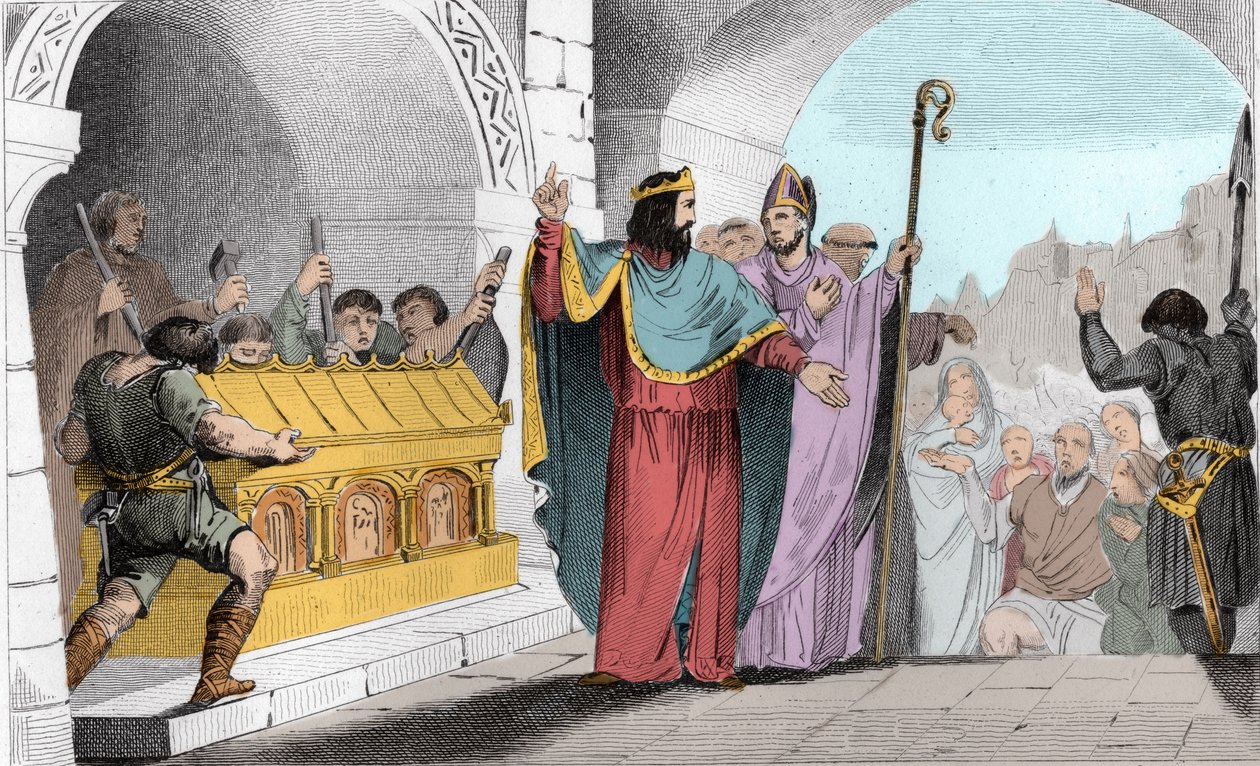 Clovis II (635-657) Prodej stříbra a zlata ze svatyně, aby nasytil chudé - Clovis II dit “”le Faineant”” aby nasytil chudé vyrobil zlaté a stříbrné čepele odstraněné z kostela Saint-Denis - Rytina 1825 v „Histoire de France zastoupená syn od Ambroise Tardieu