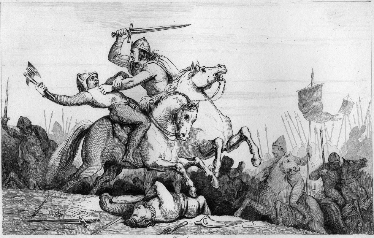 Hrabě Eudes bránící Paříž proti Normanům v roce 885 - Eudes (Odon) (860-898), karolínská dynastie, vede bitvu proti Normanům a vítězně brání Paříž (885 - 887) - Rytina z roku 1825 v „Histoire de France zastoupená synoptickou malovat od Ambroise Tardieu