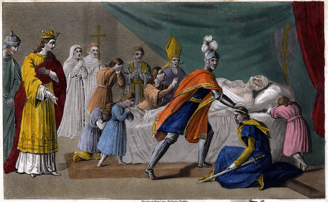 Smrt Pepina z Herstalu (635-714) obklopeného rodinou - Smrt Pepina de Herstal (dědečka Pepina le Brief), obklopeného svou rodinou a za přítomnosti Dagoberta III. (714) - Kresba a hrob Ambroise Tardieu v r. 1825 od Ambroise Tardieu