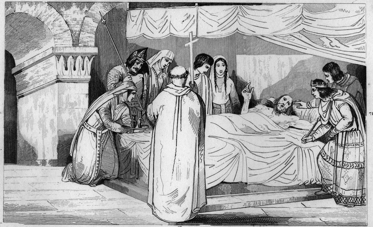 Smrt Pepina z Herstalu (635-714) obklopeného rodinou - Smrt Pepina de Herstal (dědečka Pepina le Brief), obklopuje jeho rodinu a za přítomnosti Dagoberta III. (v roce 714) - Rytina 1825 v „Histoire de France reprezentovaná synoptickou bolestí od Ambroise Tardieu