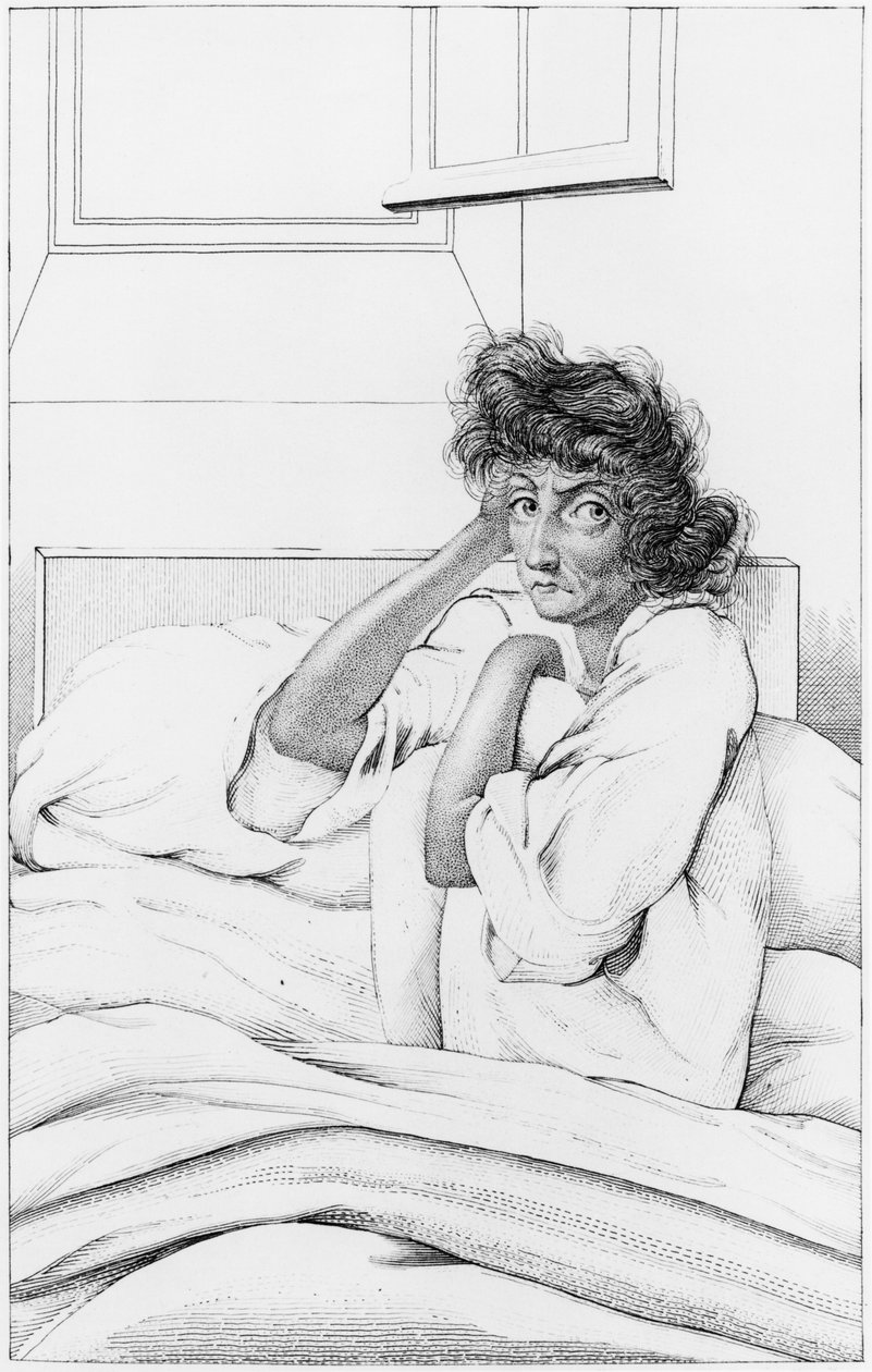 Depresivní žena, ilustrace z „Des Maladies Mentales zvažované podle lékařské, hygienické a lékařsko-právní zprávy“ od Etienna Esquirola (1772-1840) 1838 od Ambroise Tardieu