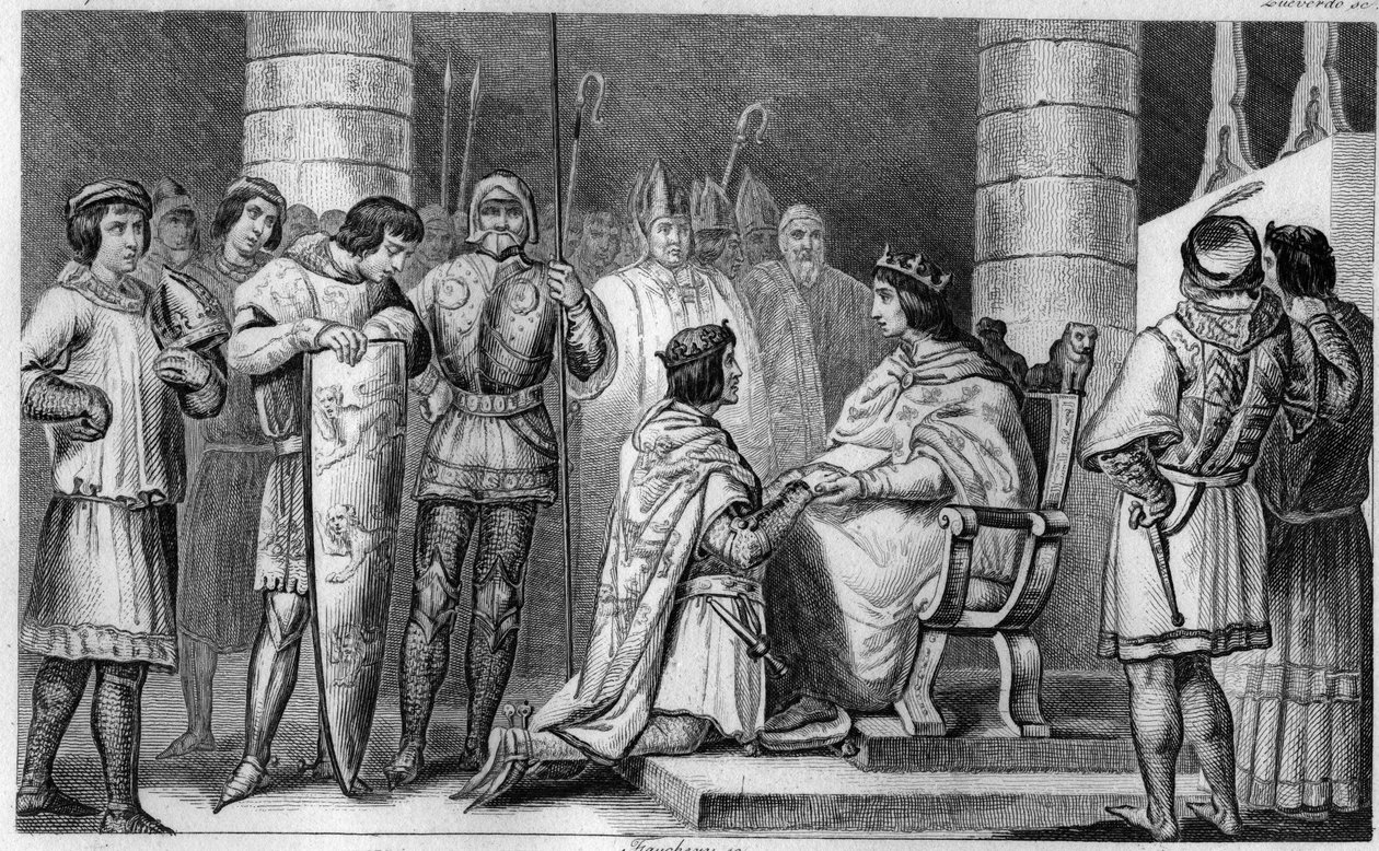 Edward III. z Anglie nás zavazuje vzdát hold Filipu VI. z Valois v katedrále v Amiens v roce 1329 - Rytina z roku 1825 v „Histoire de France reprezentovaná synoptickými malbami věnovanými dětem z Francie a zaměstnancům pro jejich vzdělávání“ - od Ambroise Tardieu