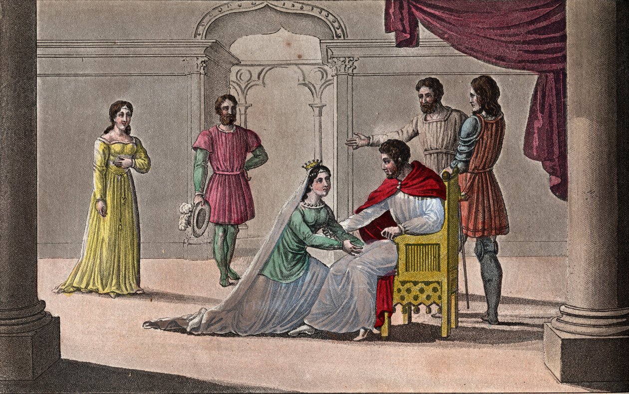 Emma Francouzská (894-934) líbající kolena svého manžela Raoula (asi 890-936), kterého si zvolila za krále během zajetí Karla III. Prosté - Draw and grave od Ambroise Tardieu v roce 1825 od Ambroise Tardieu