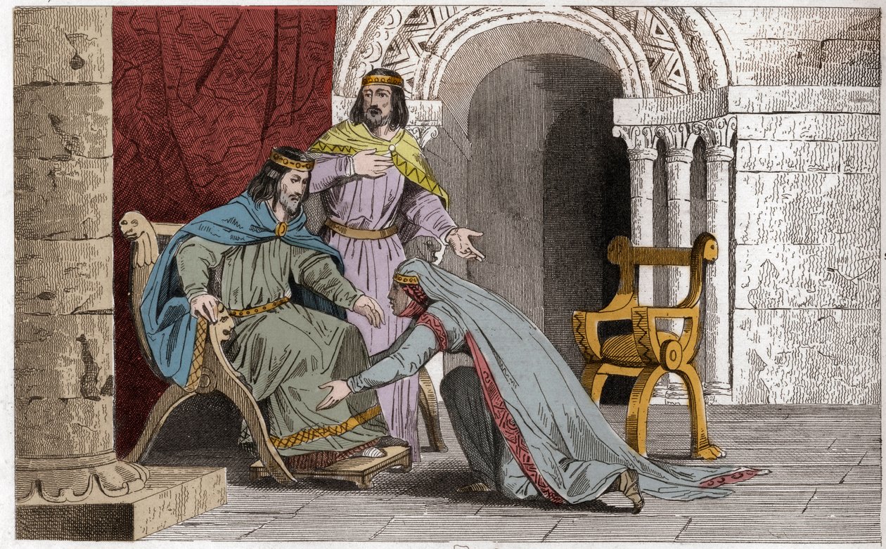Emme líbá koleno svého manžela Raoula (d936) jako uznání jeho suverenity - Emma de France (894-934) líbá kolena svého manžela Raoula (asi 890-936), kterého si zvolila za krále v zajetí Karla III. jednoduchý - rytina 1825 in od Ambroise Tardieu