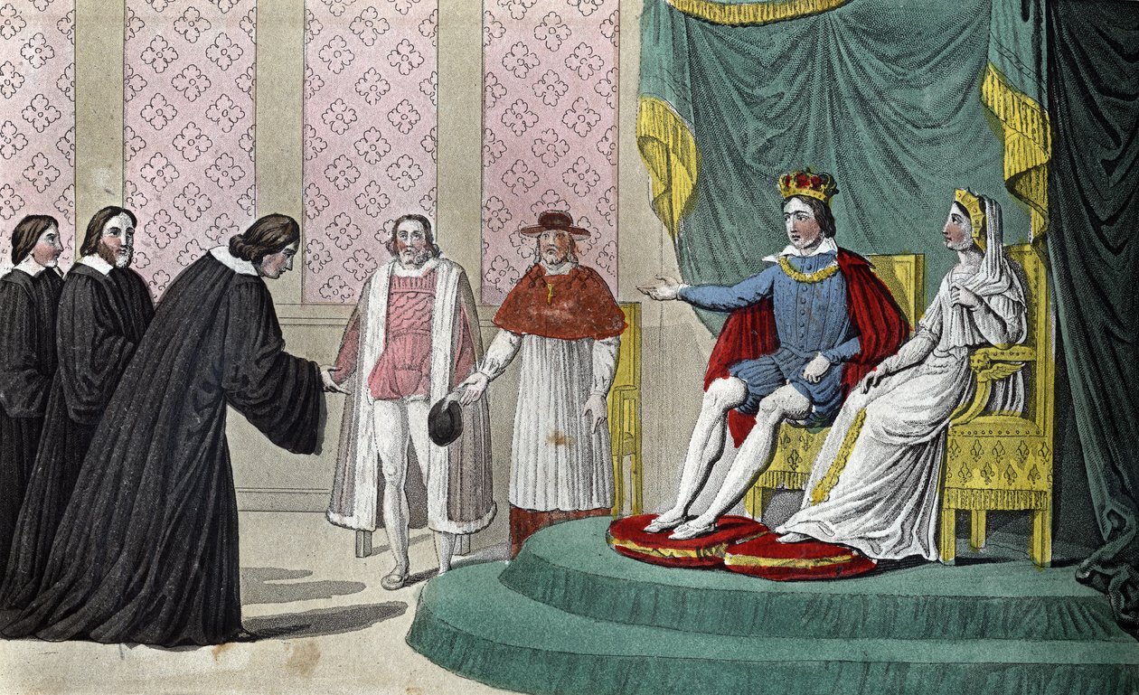 Francois II. (1544-1560) oznamuje poslancům parlamentu, kteří ho po otcově smrti přišli pozdravit, že si své strýce vybral vévodou z Guise (Francois od Ambroise Tardieu