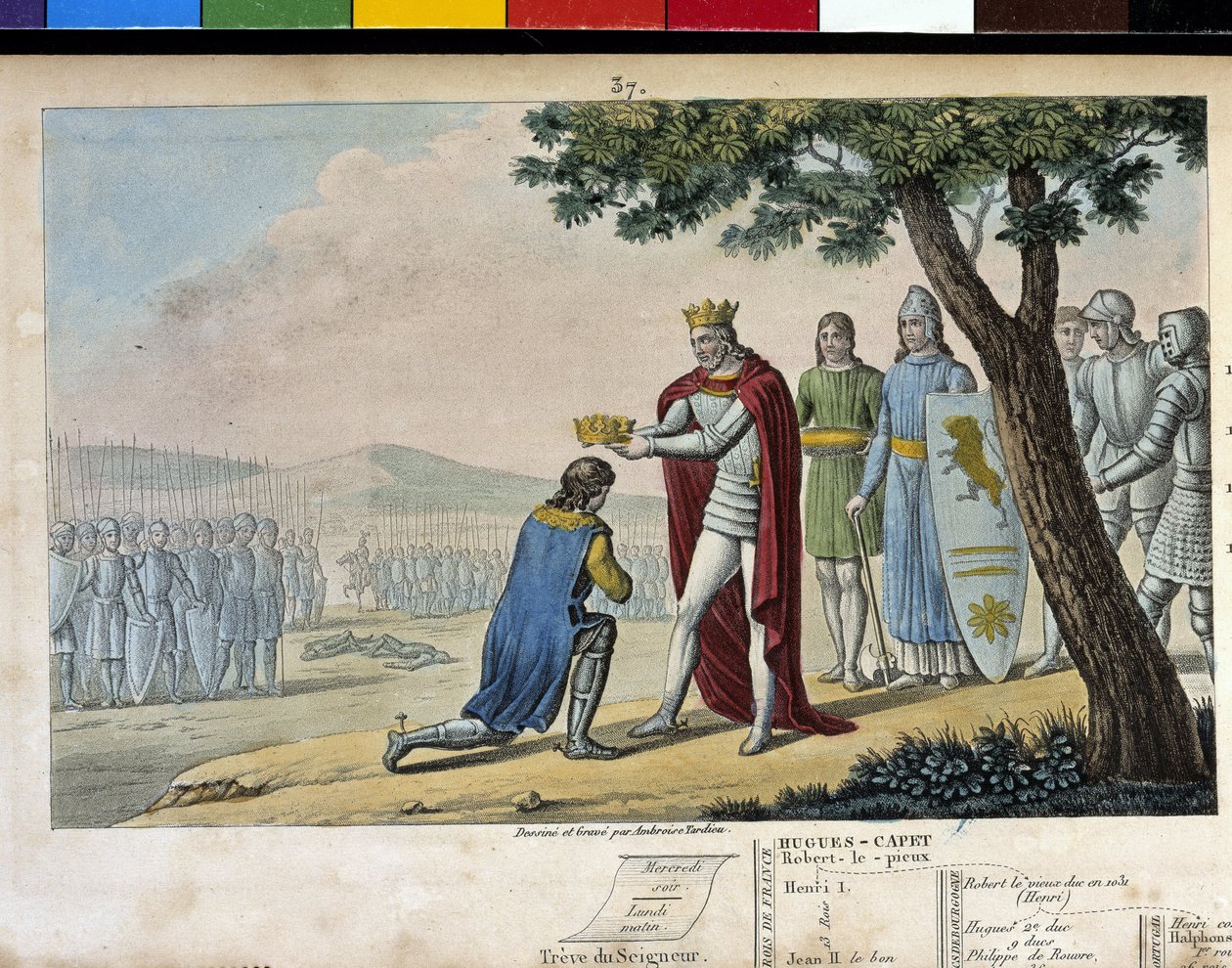 Henri I. (1008 - 1060), dynastie Kapetovců. Vítěz svého bratra Roberta le Vieux mu odpustil a v roce 1016 mu dal Burgundské vévodství – navrhl a vyryl Ambroise Tardieu v roce 1825. od Ambroise Tardieu
