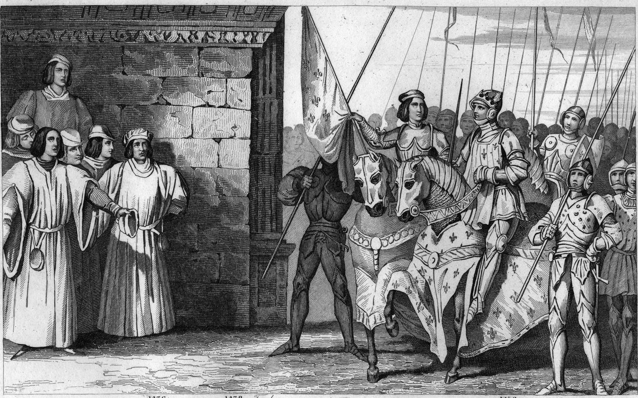 Johanka z Arku (1412-31) přijíždí do Remeše v roce 1429, aby tam čekala na korunovaci Karla VII. (1403-61) - Karel VII. řekl „Vítězný“ (1403-1461) - Angličané se usadili v Orleans, ale Johanka z Arc zvedl sedadlo, doručil Orleans a vedl krále k rei od Ambroise Tardieu