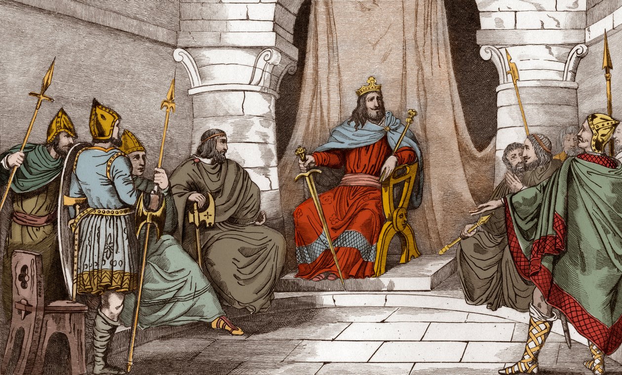 Král Charibert (521-567) v radě s magistráty - Caribert nebo Cherebert, král Paříže (561-567) pořádal rady, nebo učinil spravedlnost - Rytina z roku 1825 v „Histoire de France reprezentovaná synoptickými malbami dediee dětem Francie a od Ambroise Tardieu