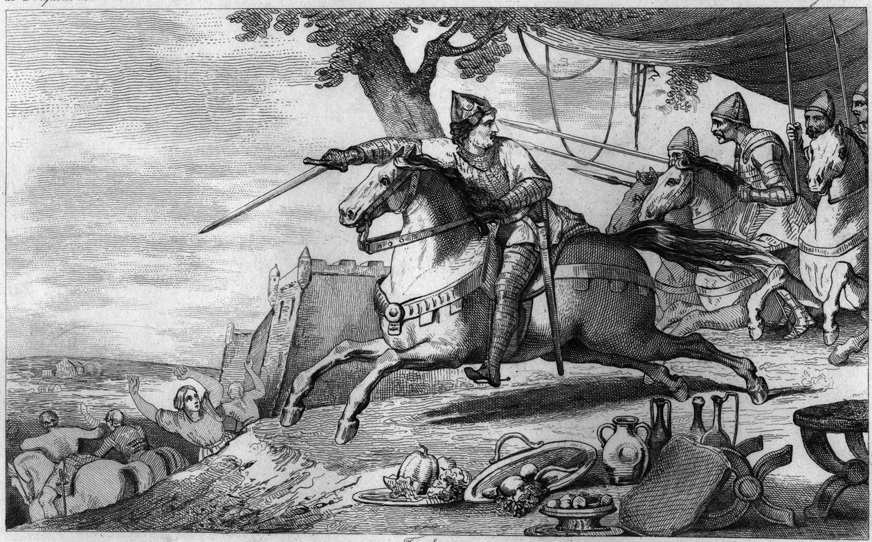 Lothair (941-986) vede svou armádu do bitvy (Cáchy) - Lothaire (941-986), Dynastie Merovejců - Bojoval proti germánskému císaři Ottonovi I. a útok překvapením v Cáchách (Aachen) - Rytina 1825 v r. „Histoire de France zastoupená od Ambroise Tardieu