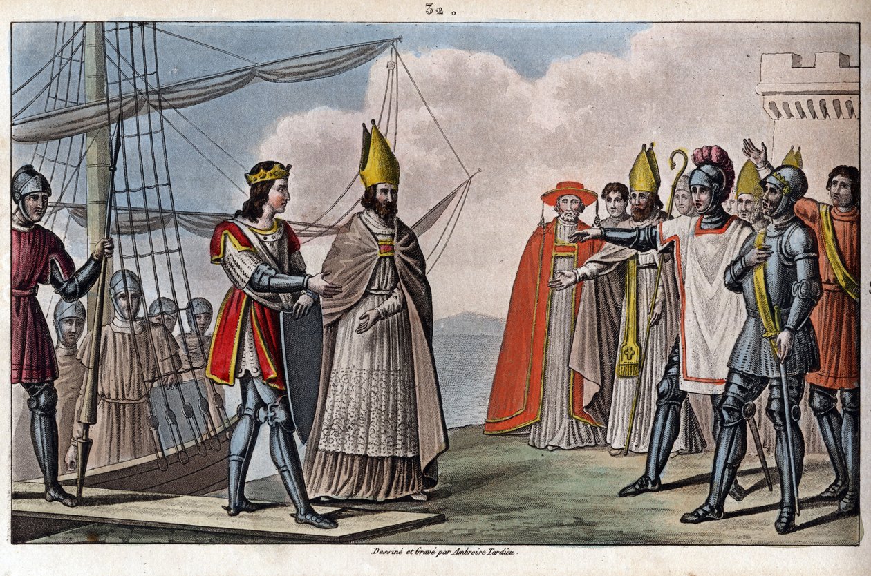 Ludvík IV. ze Zámoří (zámoří, zámoří) (921-954), karolínská dynastie. Guillaume, Archeveque de Sens, ho přivedl zpět z Anglie do Francie, aby znovu získal pod vedením Huguese Velikého. - Kreslení a hrob od Ambroise Tardieu v roce 1825. od Ambroise Tardieu