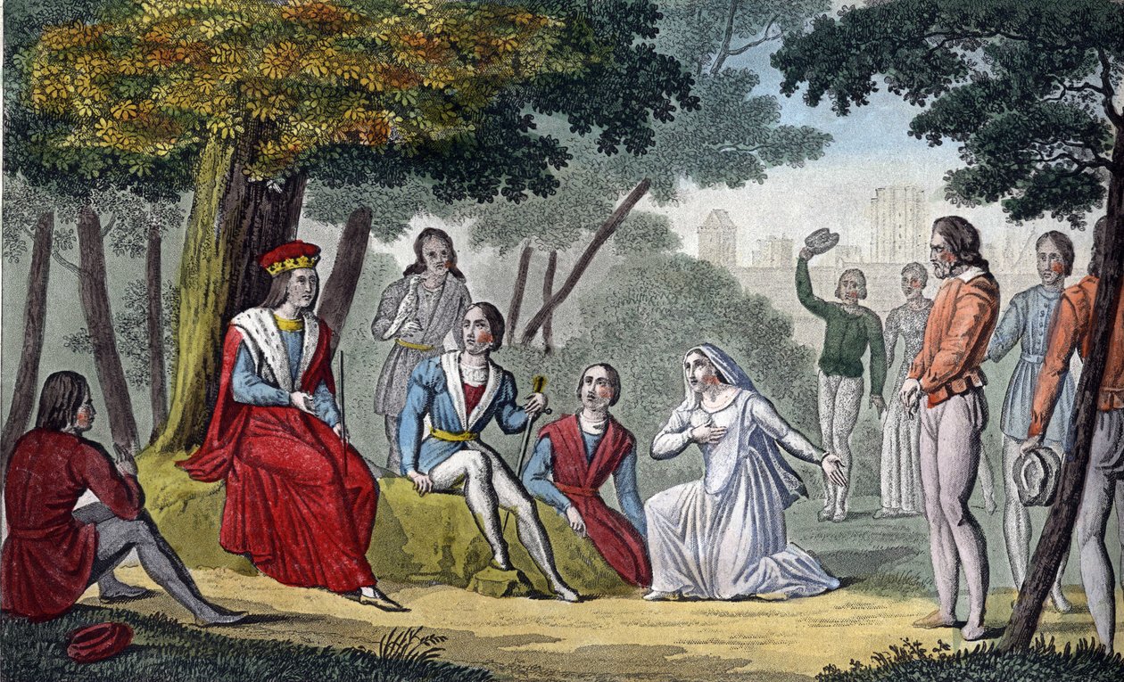 Louis IX, známý jako "Saint-Louis" (1214-1270) poskytující spravedlnost všem svým poddaným v lese Vincennes - navrhl a vyryl Ambroise Tardieu v roce 1825. od Ambroise Tardieu
