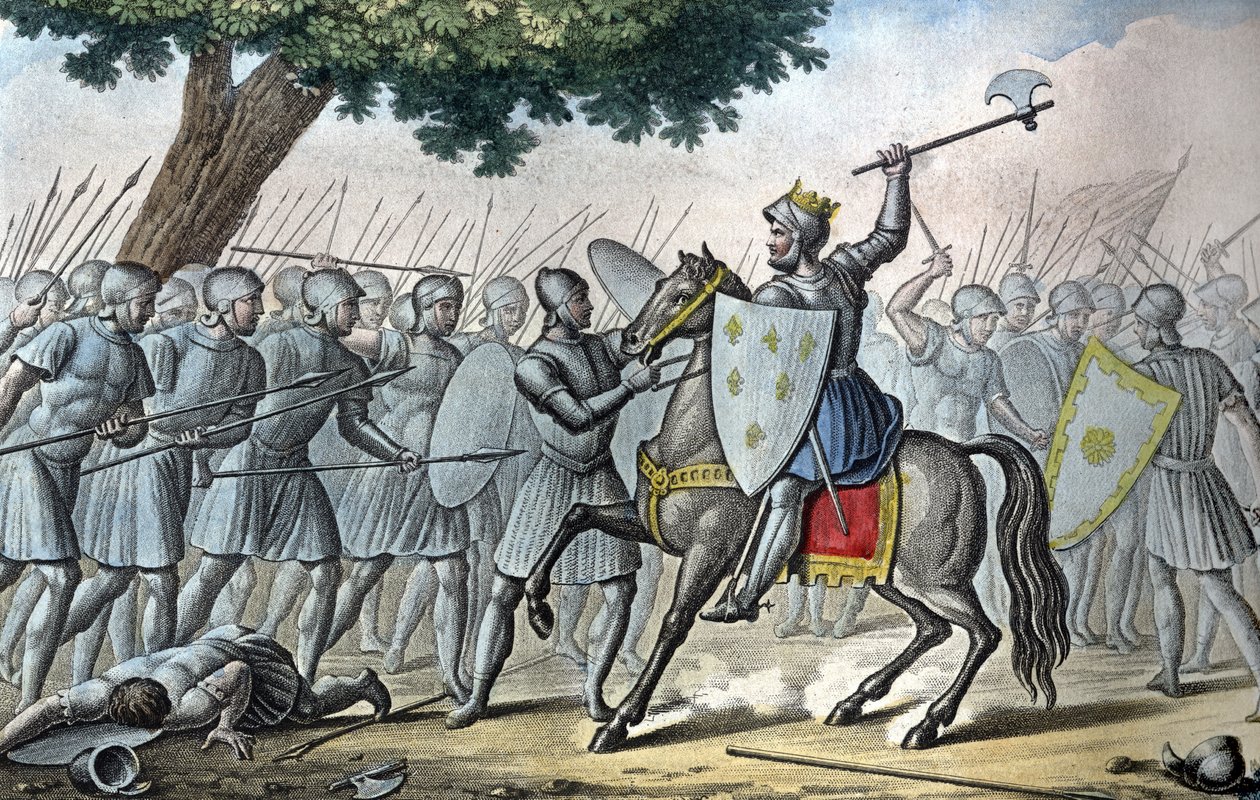 Ludvík VI., známý jako „Gros“ (1081 - 1137), se v bitvě u Brenneville pokusil roku 1119 zbavit Normandii krále Jindřicha I. - Navrhl a vyryl Ambroise Tardieu v roce 1825. od Ambroise Tardieu