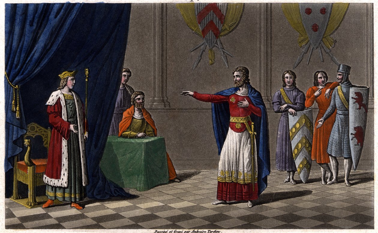 Louis V le Faineant (asi 967-987), prohlášen za francouzského krále pod ochranou Huguese Capeta, budoucího francouzského krále, v roce 986 Draw and grave od Ambroise Tardieua v roce 1825. od Ambroise Tardieu