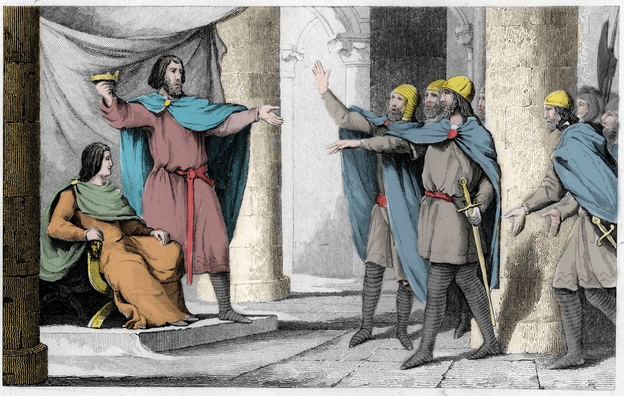 Ludvík V. Indolent ukazuje svou korunu svým následovníkům v roce 986 - Louis V le Faineant (asi 967-987), prohlášen za krále Francie ochranou Huguese Capeta, který se stal francouzským králem, v roce 986 - Rytina z roku 1825 v „ Histoire de France zastoupe od Ambroise Tardieu