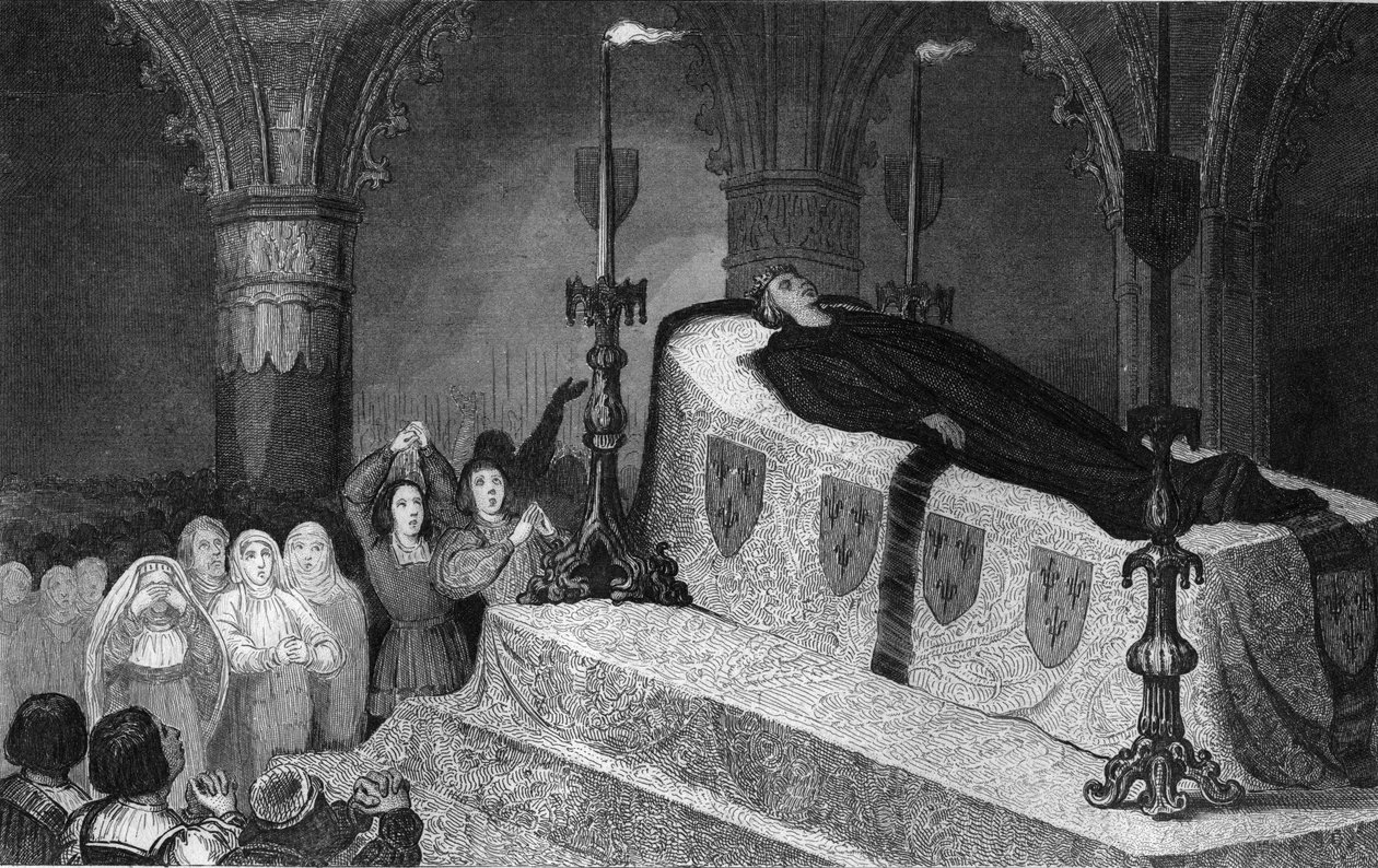 Ludvík XII. (1462-1515) Otec lidu na pohřebním máru - Ludvík XII. (1462-1515) Pere du Peuple sur son lit de mort - rytina z roku 1825 v „Histoire de France reprezentovaná synoptickými malbami dediee dětem Francie a zaměstnanec pro jejich e od Ambroise Tardieu