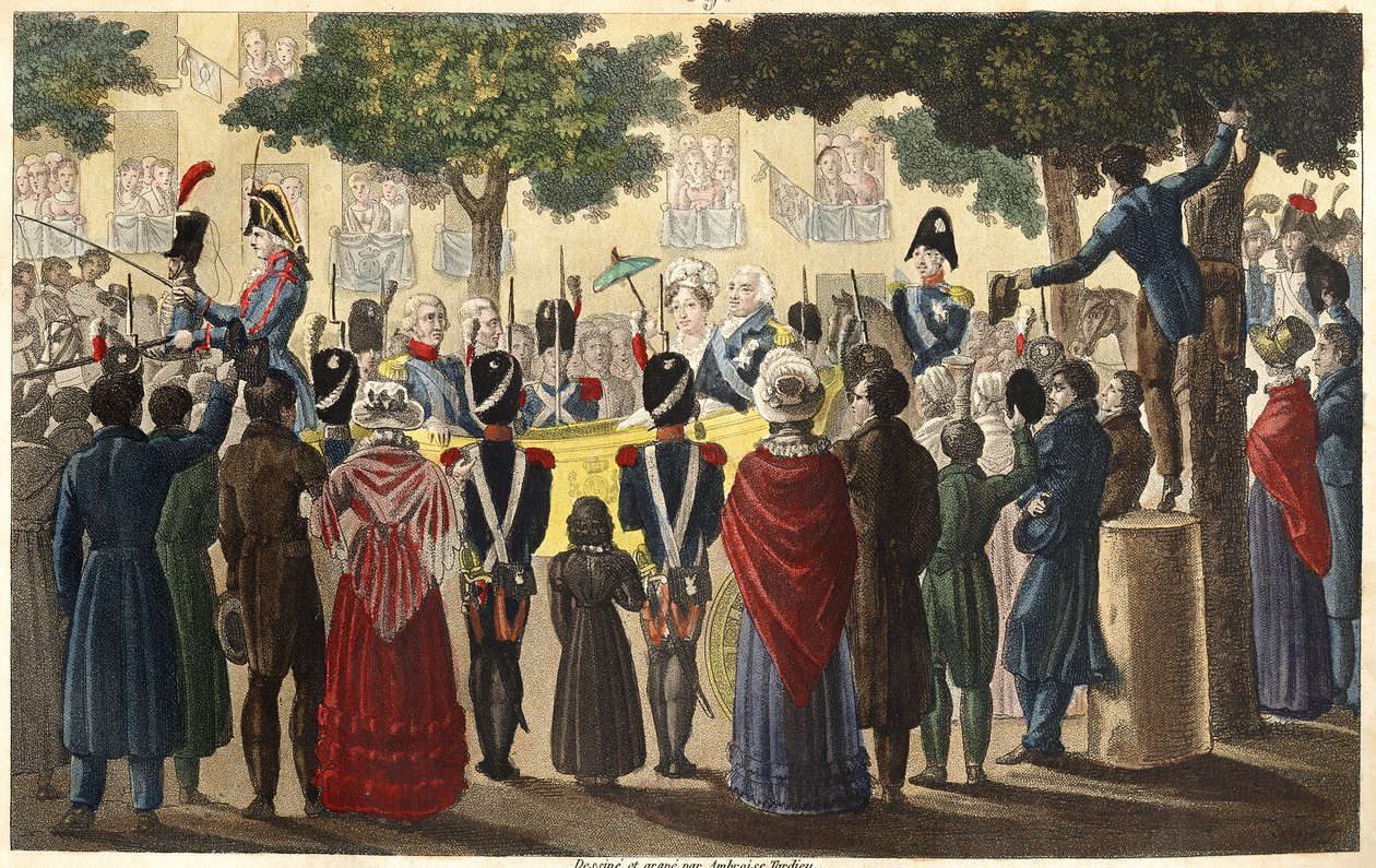 Ludvík XVIII (1755-1824) byl prohlášen za krále Condého armádou mezi malým počtem poddaných loajálních Paříži v roce 1814 (Restaurování) - Navrhl a vyryl Ambroise Tardieu v roce 1825. od Ambroise Tardieu