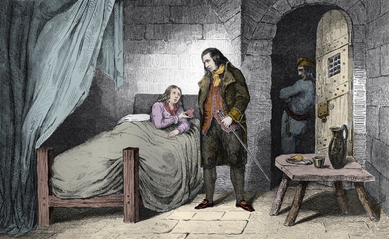 Ludvík XVII. (1785-95) nemocný a uvězněný - francouzský dauphin Ludvík XVII. (1785-1795) nemocný ve věznici chrámu - rytina z roku 1825 v „Histoire de France reprezentovaná synoptickými malbami dediee dětem Francie a zaměstnanci pro jejich ed od Ambroise Tardieu