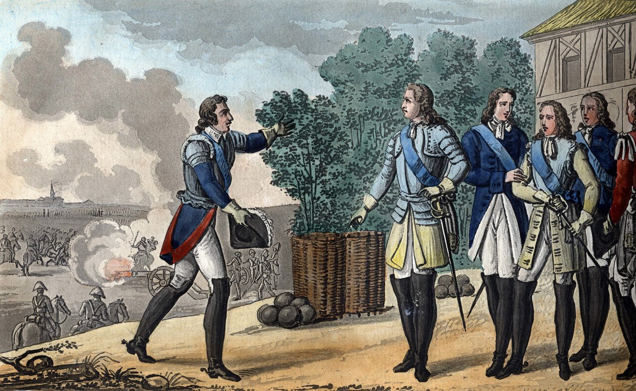 Ludvík XV. (1710-1774). Král a dauphin se účastní bitvy u Fontenoy, která byla velmi důležitá pro výsledek války o rakouské dědictví. Maršál Saska vyhrál bitvu u Fontenoy v roce 1748. - Navrhl a vyryl Ambroise Tard od Ambroise Tardieu
