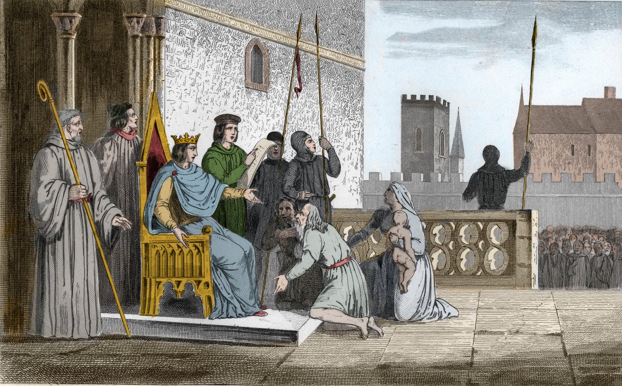 Ludvík X. (1289-1316) Zlomyslný osvobozuje nevolníky - Ludvík X. dit „“Le Hutin“ (1289-1316), dynastie Kapetovců, pokládaný za osvobození všech nevolníků svého království, které donutil vykoupit jejich svobodu – Rytina z roku 1825 v „Histoire de F od Ambroise Tardieu