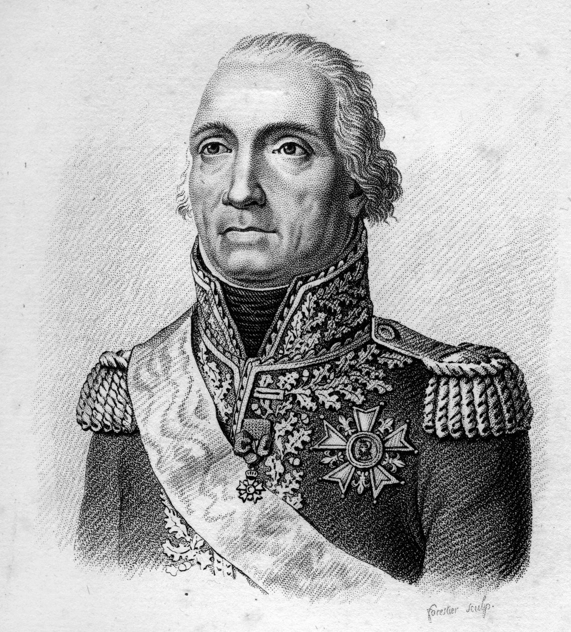 Maršál z Moncey. Bon Adrien Jeannot de Moncey, vévoda z Conegliano Maréchal z Francie (1754 až 1842).in „“ Portréty francouzských generálů po vítězstvích a výbojích Francouzů““. Vyryl Ambroise Tardieu v roce 1818. Sbírka Stella. od Ambroise Tardieu