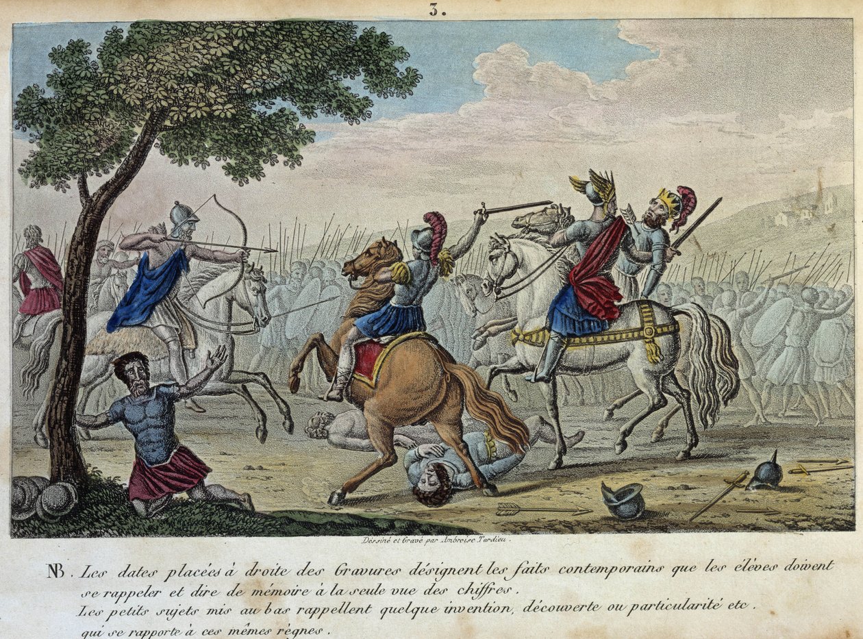 Merovee (447-458) vzdoruje Attilovi na Catalaunique Fields poblíž Troyes s Aetiem a Theodorikem I. Je troufalým králem Francs-Salianů a dal své jméno dynastii Merovejců. - Kreslení a hrob od Ambrose Tardieu v roce 1825. od Ambroise Tardieu