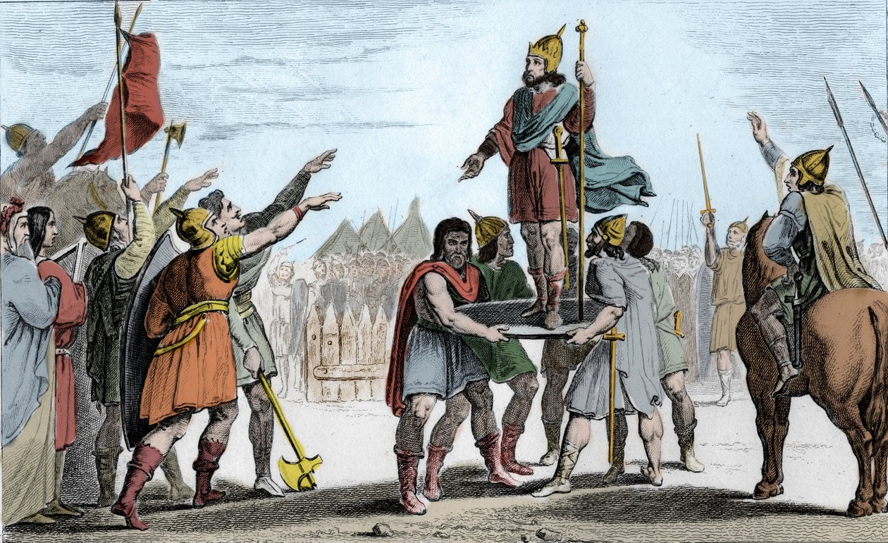 Pharamond I (c370-427), král Franků. Jeho lidé, kteří ho zvolili králem, vyzdviženi na štítu - Pharamond, uznaný Francs-Saliany a Galy sjednocenými v jeden lid, je vyzdvižen na štítu a vítězně prochází táborem - Legen od Ambroise Tardieu