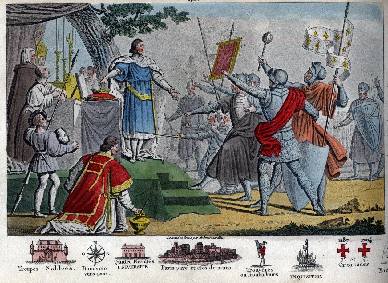 Filip II. (1165-1223), král Capetianus, známý jako „Augustus“, navrhuje dát korunu svým vojákům, pokud si ji budou moci ponechat jeden den před bitvou u Bouvines, ale všichni si raději ponechají svého krále. Vítězstvím v této bitvě zničil Filip II koalitu od Ambroise Tardieu