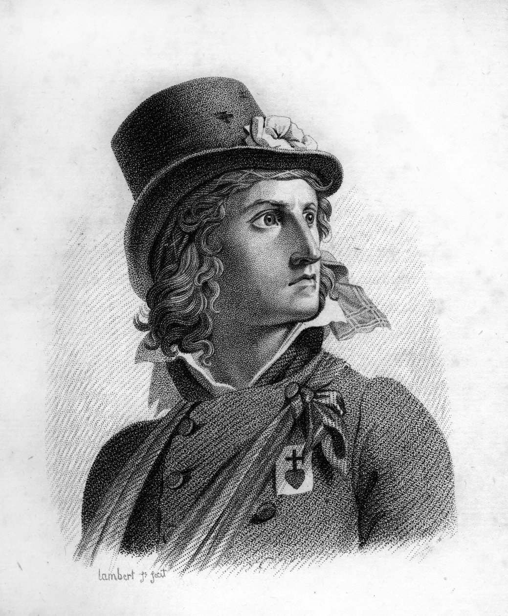 Portrét Henri du Vergier, hrabě z La Rochejaquelein (nebo Verger de La Rochejacquelein) (1772-1794). Na hrudi má odznaky prodejců. - v “Portréty francouzských generálů po vítězstvích a výbojích Francouzů””. Vyryto od Ambroise Tardieu