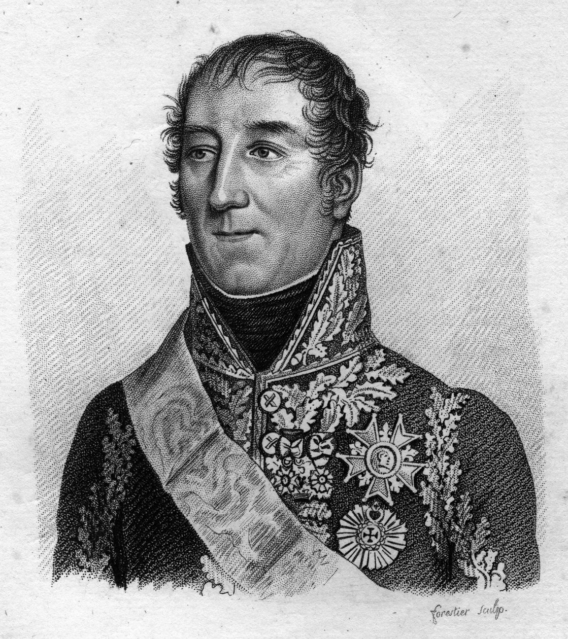 Portrét maršála Mortiera. Adolphe Edouard Casimir Joseph Mortier, vévoda z Trevisa, francouzský maršál a politik (1768 - 1835) v „Portrétech francouzských generálů po vítězstvích a výbojích Francouzů““. Vyryl Ambroise Tardieu v 18 od Ambroise Tardieu