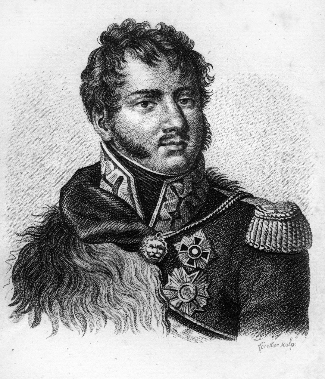 Princ Joseph (Jozef) Antoni Poniatowski (1763-1813), polský důstojník, maršál říše.V „“ Portréty francouzských generálů po vítězstvích a výbojích Francouzů““. Vyryl Ambroise Tardieu v roce 1818. Sbírka Stella. od Ambroise Tardieu