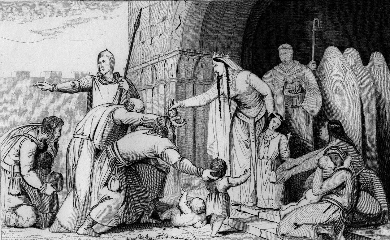 Královna Bathilda 626 nebo 627 až 680 dává peníze chudým - Batilde (nebo Bathilde, manželka Chlodvíka II.) ruší tribut, který Galové platili po hlavě, malí i velcí, zjišťujíc, že někteří rodiče příliš chudí na to, aby zaplatili, nechají své nové zemřít - C od Ambroise Tardieu