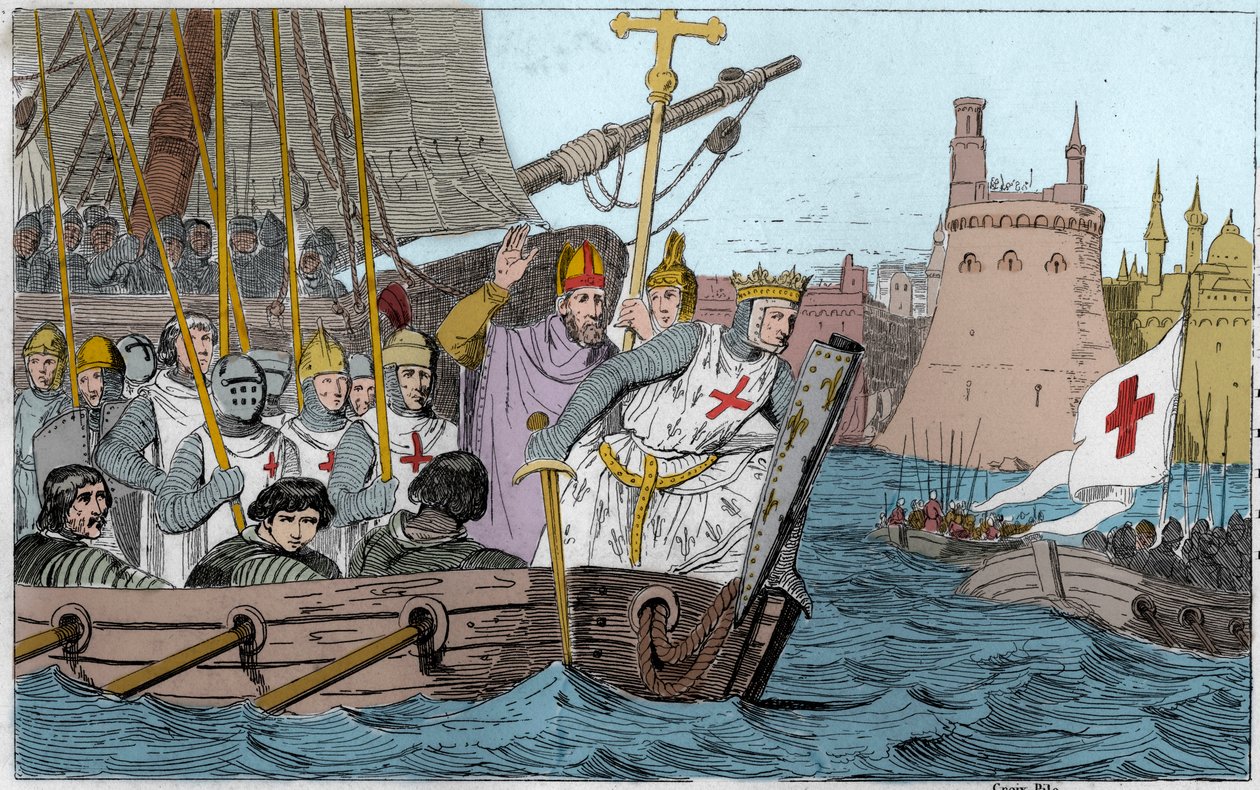 Sedmá křížová výprava: Král Saint Louis (1214-1270) a křížové výpravy obléhající Damiette v červnu 1249 v Dolním Egyptě - Sedmá křížová výprava do Svaté země 1248-50 - Svatý Ludvík IX. (1214-70) vede svá vojska v bitvě - Rytina 1825 v „Histoire de France r od Ambroise Tardieu