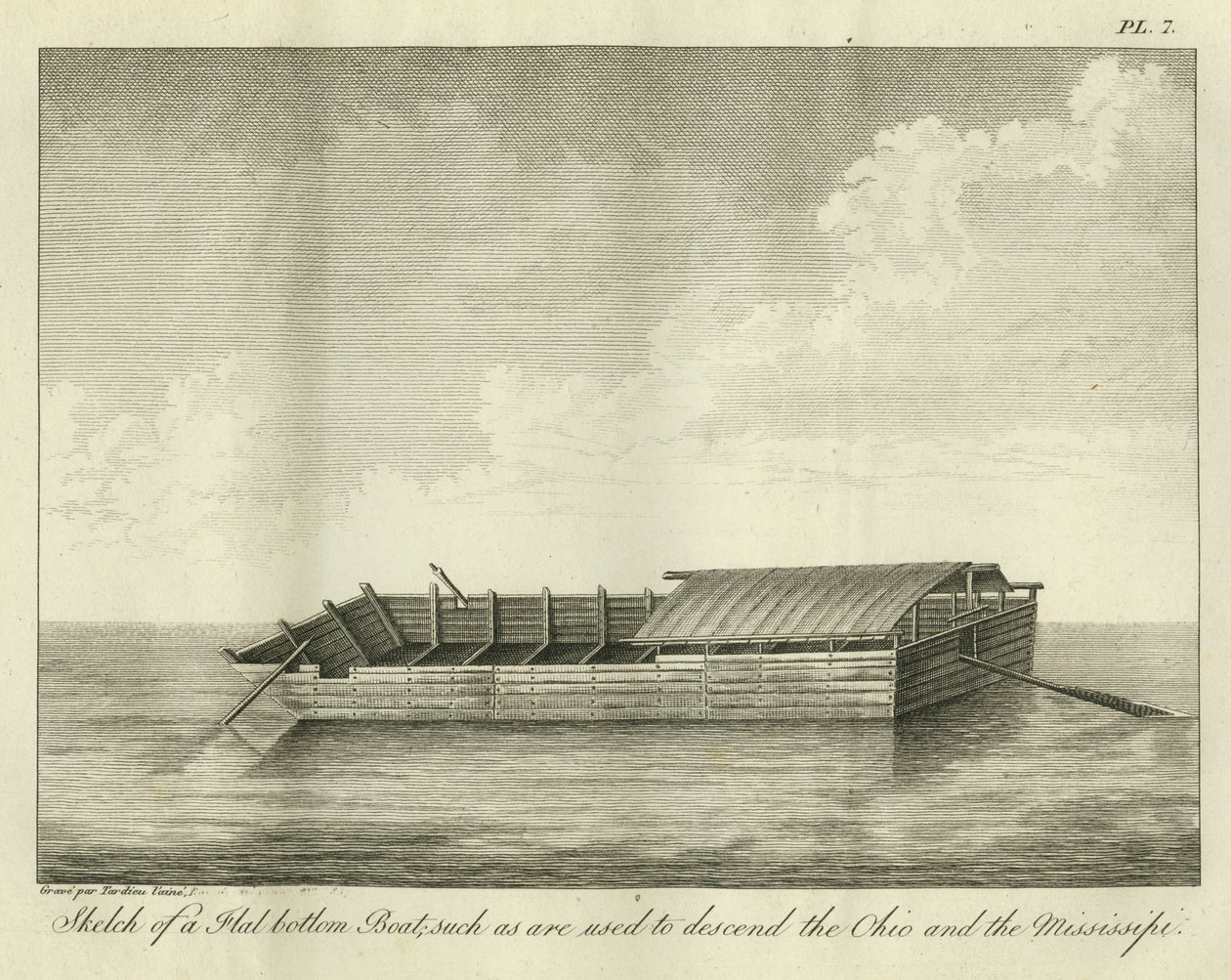 Nákres člunu s plochým dnem, který se používá ke sjíždění Ohia a Mississippi, vydaný v roce 1826. od Ambroise Tardieu
